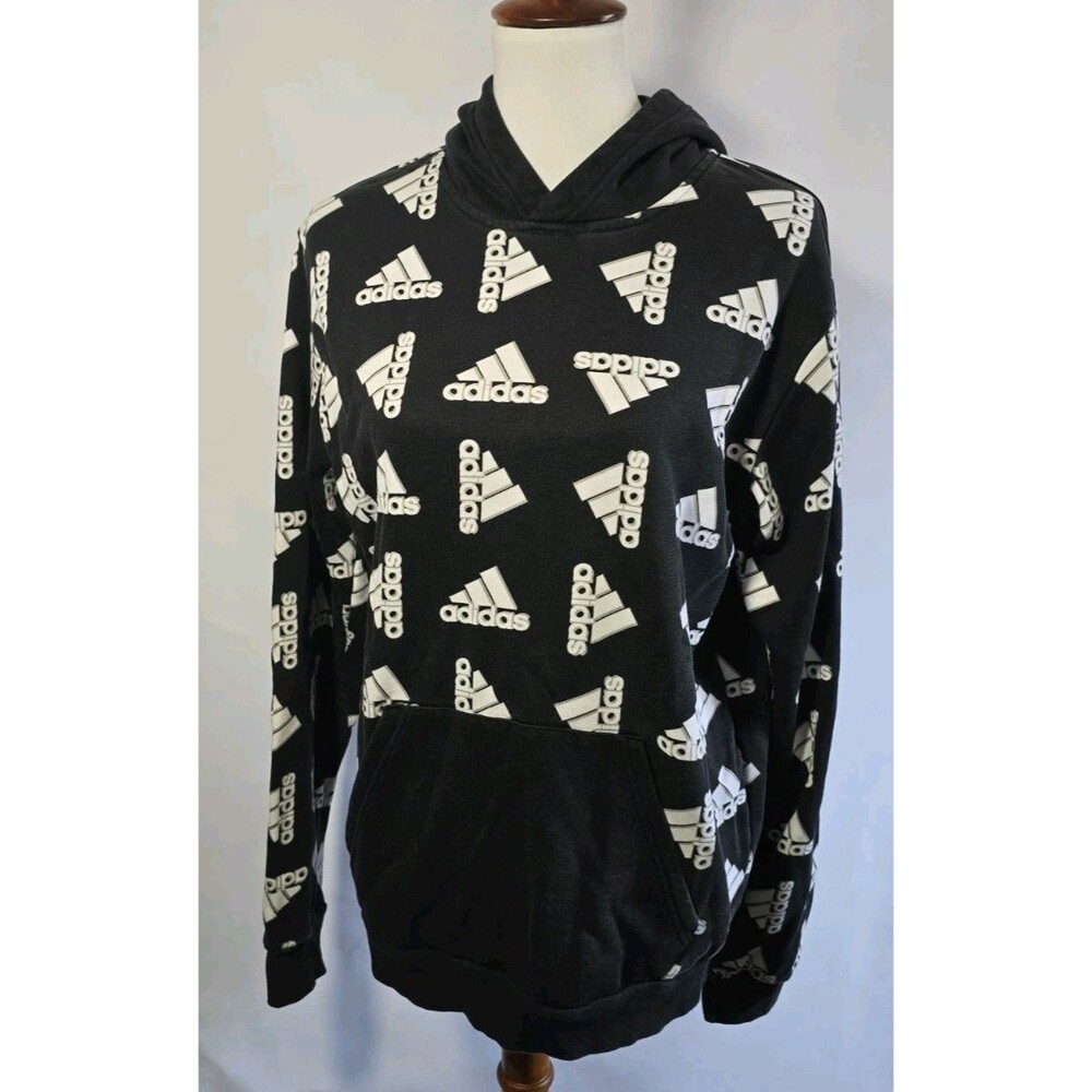 Adidas Black And White Fleece Logo Pullover Hoodie Size M